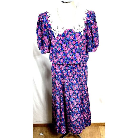 Act 1 Dress Floral Sz 9/10 Blue Pink Blouson Bodice Pleated Skirt Cottagecore Vt - Picture 1 of 6